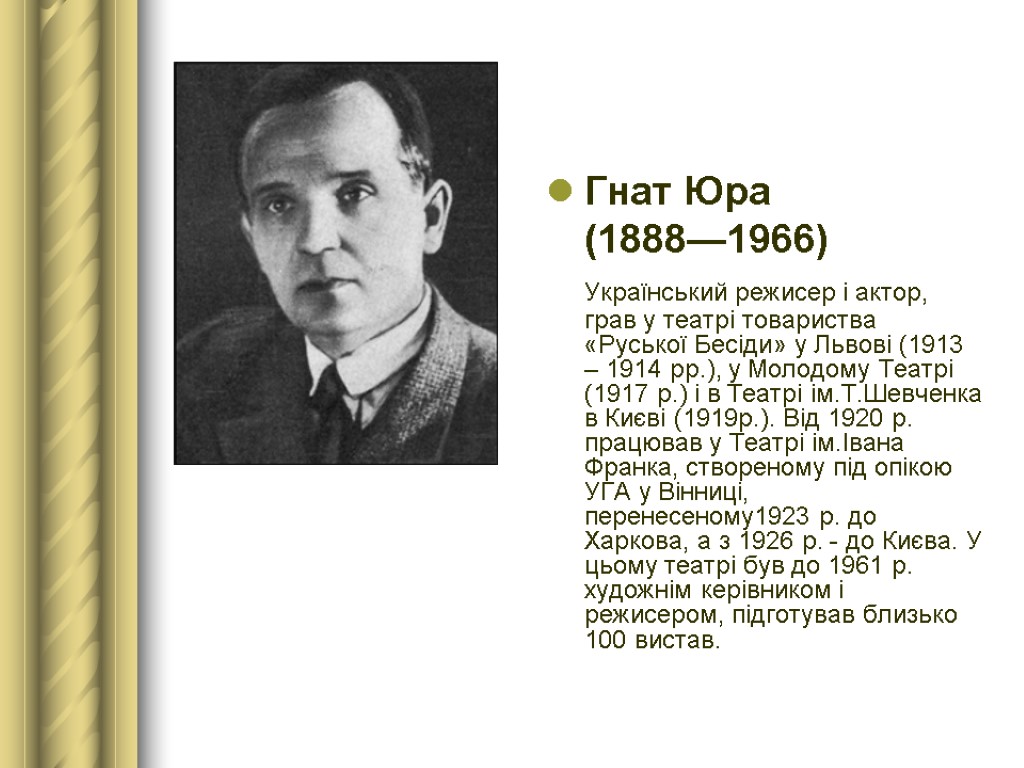 Гнат Юра (1888—1966) Український режисер і актор, грав у театрі товариства «Руської Бесіди» у
